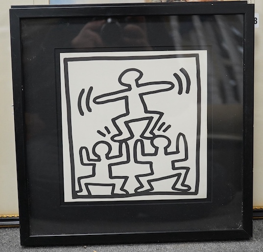 Keith Haring (American, 1958-1990), limited edition edition print, Three figures, Tony Shafrazi New York Gallery label verso, 23 x 22cm. Condition - good